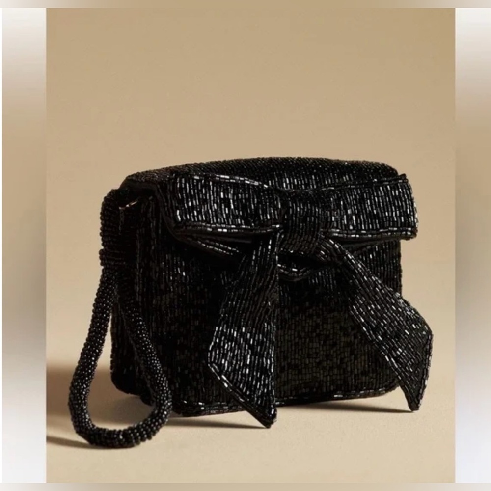 By Anthropologie Elegant Black Beaded Clutch With Bow